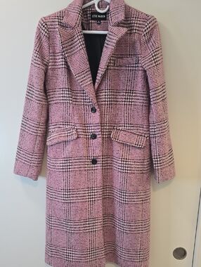 Steve Madden Pink Plaid Single-Breasted Long Trench Coat